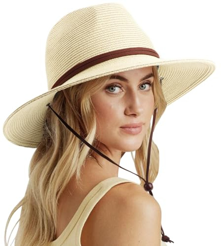 DRESHOW Mujeres Sombrero de Panamá, Sombrero de Paja de ala Ancha, Sombrero de Verano con Correa de Barbilla, Sombrero de Playa Fedora UPF 50+