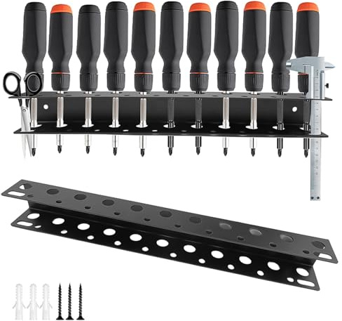 WJUAN Soporte para destornilladores 40 cm reforzado 1,5 mm con 21 orificios y 2 ranuras para calibrador – Portaherramientas de pared para garaje taller o casa
