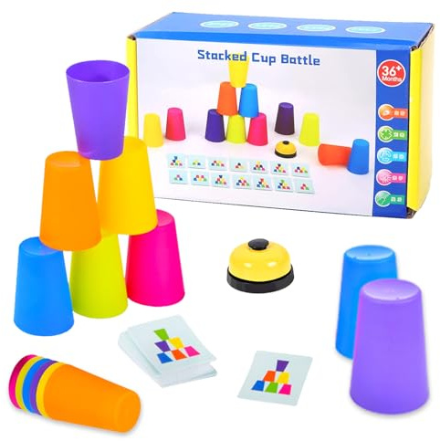 Yhjxly Juego de vasos apilables deportivos, juego de tazas apilables, con 12 tazas de velocidad, 50 tarjetas y 1 timbre, juego de apilamiento para adultos y niños