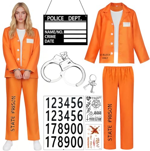 Häftlingkostym dam, orange prisoner-kostym, karnevalskostym, dam, fångad buskdräkt med namnskylt och handbojor, fängelse för vuxna cosplay halloween, karneval, kostym
