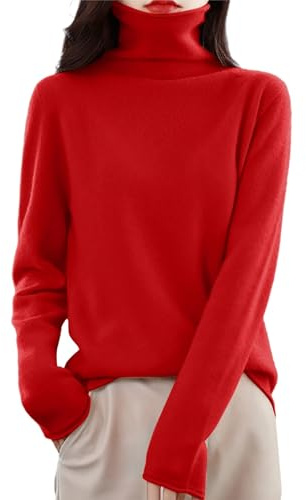 Eauptffy Jersey de cachemira para mujer, cuello alto, manga larga, jersey de punto fino, suéter de punto suave, para otoño e invierno, cuello de tortuga, cómodo y cálido, O rojo., L