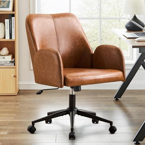 Ckaff Bürostuhl Ergonomisch, PU Leder Homeoffice Stuhl, Drehstuhl, Schreibtischstuhl Computerstuhl mit Gepolsterter Armlehnen und Höhenverstellbar, Neigefunktion für Büro Schlafzimmer, Braun