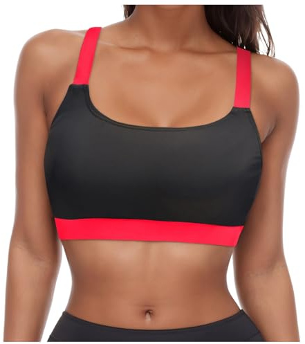 Generisch Top de bikini con cordones para mujer, con aros, cobertura completa, push-up, parte superior de la cintura, traje de baño, top deportivo, Negro , L