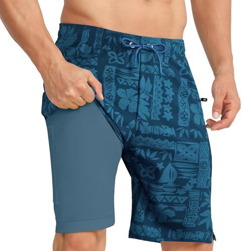 APTRO Swimming Shorts Men Swim Trunks with Compression Liner 2 in 1 Quick Dry Beach Summer 9'' Board Shorts with Zipper Pockets Retro Blue MK039 XL