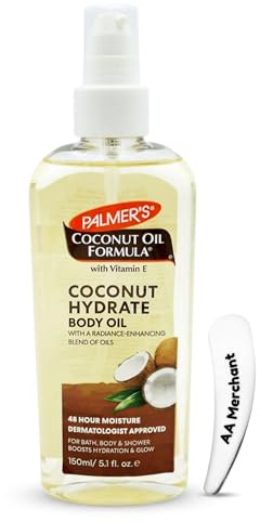 Palmer's Coconut Oil Formula Body Oil 150ml with Vitamin E – Hydrating Body Oil Spray for Dry Skin, Lightweight Moisturising Oil with Cosmetic spatula, Fast Absorbing Glow Oil for Bath & Shower