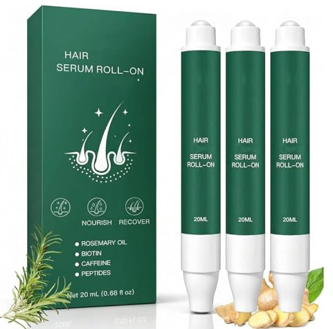 Hårväxt Serum Roll-On 20 ml | Hårväxtmedel med rosmarinolja, biotin, koffein och peptider | Mot håravfall, för tätare och tjockare hår | för kvinnor och män (3 st)