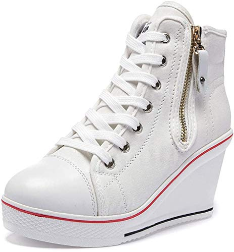 siphly dam kilklack skor sneaker canvas -klackhöjd 7 cm-svart-vit- röd- blå-mörkblå -35-43 Eu -varma segeldukar skor, - 01 vit - 42 EU