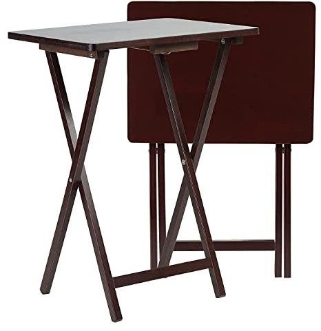 PJ Wood Durable Versatile Lightweight Rectangular Collapsible Solid Wood Television Snack Tray Tables for Indoor Use, Espresso (2 Set)