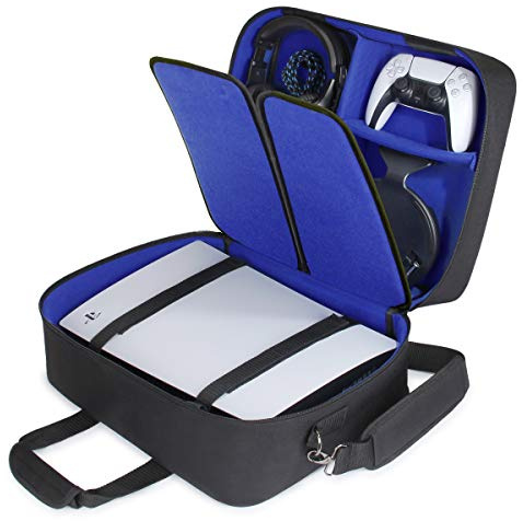 USA Gear PS5 Case - Console Case Compatible with PlayStation 5 and PS5 Digital Edition with Customizable Interior for PlayStation Controller, Games, Gaming Headset, and Gaming Accessories (Blue)