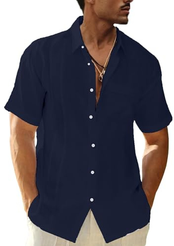 LVCBL Linen Men's Shirts Short Sleeve Summer Shirt Casual Shirt with Breast Pocket Navy M