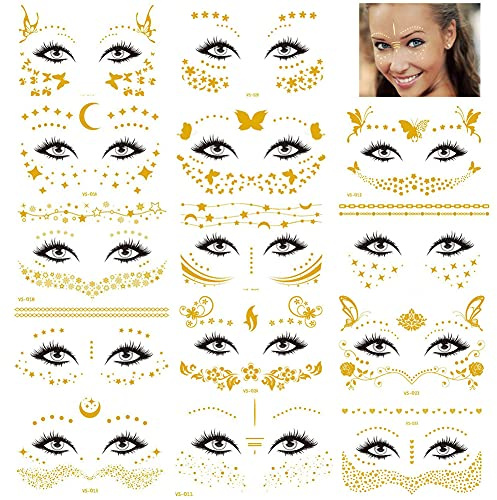 Rosymormor 14 Ark Ansikte Tillfälliga Tatueringar, Ansiktsdekaler Guld Metallic Tillfällig överföring Glitter Falska Tatueringar, Fräknedekaler kvinnor Flickor Festival Halloween Makeup Kostymfester