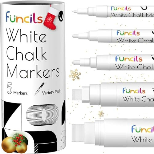 Funcils Kreidestifte - weiß - 5 Kreide Markers Multipack - 1mm, 3mm, 6mm, 10mm, 15mm Spitze. Kreidestifte für Fenster, Tafel, Glas und mehr. Geeignet für Erwachsene, Künstler, Lehrer und Kinder.