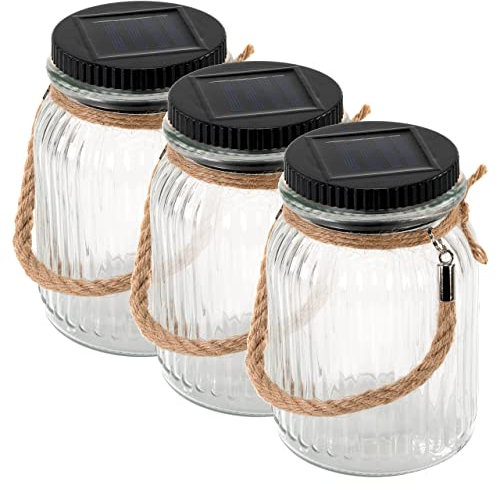 Nexos Trading Solarglas 3er Set mit je 3 LED Solar weiß mit Aufhänger Glas Gartenbeleuchtung Ø 11cm, Höhe 15,5 cm Party Garten Licht für Außen mit Solarpanel Sonnen Energie Beleuchtung
