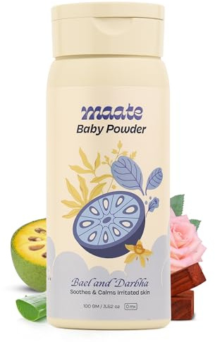 Maate Talco per bambini naturale e ayurvedico senza talco, lenisce e mantiene la pelle del tuo bambino calma, arricchito con frutta Bael, sandalo rosso e darbha | 100% naturale, non irritante e sicuro