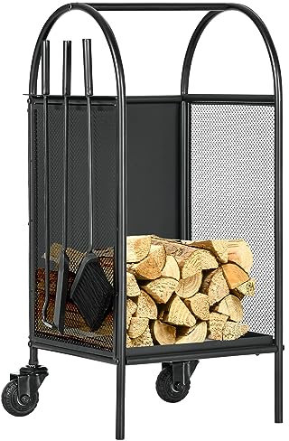 Outsunny - Carro para leña con ruedas, almacenamiento de troncos, puerta de troncos para chimenea, con accesorios, pala, escoba y póker, chimenea, interior exterior, 37,5 x 37,5 x 80 cm, color negro