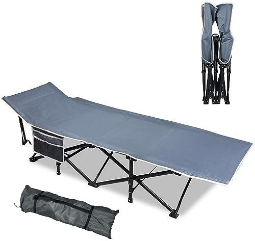 LILIIN Lit de camping pliable stable jusqu'à 250 kg avec sac de transport et poche latérale, idéal pour les voyages en plein air, l'intérieur, le camping, les lits d'invités, 188 x 62 x 38 cm, gris