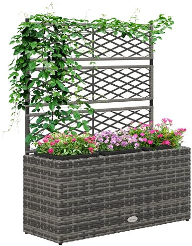 Outsunny Jardinière pour Plantes avec Treillis 3 Pots bacs à Plante jardinière 33L Jardin Balcon Patio terrasse extérieur en résine tressée et Acier 84 x 30 x 107 cm Gris Noir