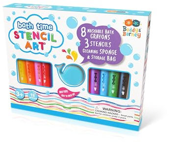 Buddy & Barney Bath Time Stencil Art Set - washable crayons, sponge and storage included, fragrance free and nontoxic, multicoloured stencils, draws on tiles and tubs, toddler bath toys