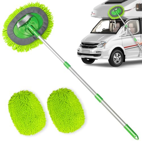 Bemece Car Wash Brush Kit with 43.3 Telescopic Handle, Car Washing Brush with 2 in 1 Chenille Microfiber Mop Heads for Cleaning Truck, Caravan, Scratch Free(1 Car Wash Brush,1 Replacement Cloth Head)