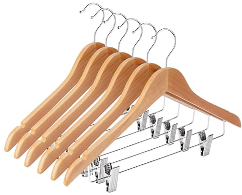 Ulimart Grucce in legno con clip, confezione da 24 grucce in legno per pantaloni, gonne con clip, ganci regolabili e resistenti, per pantaloni, jeans, pantaloni, pantaloncini (naturale)