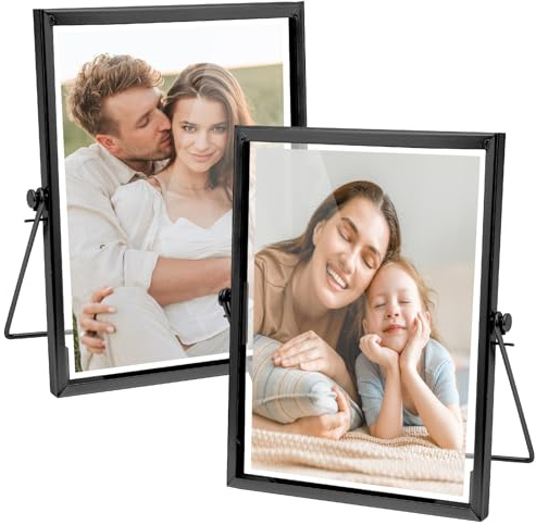 Ranjima 2 st glas metall fotoram A5, bildram svart dubbelglas fotoram glasram för pressade blommor, 15 x 20 cm skrivbord bord dubbelsidig fotoram stående display foton, konstverk, affischer