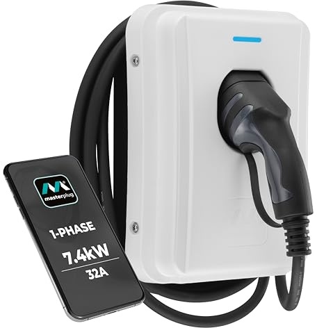 Masterplug Smart EV Home Wall Charger for Type 2 Electric and Plug-In Hybrid Vehicles, Tethered with 5m Cable, Mode 3, App Control, Solar Charging, Single Phase, White, IP65, 7.4kW, 32A, EVCM3ST7W-MP