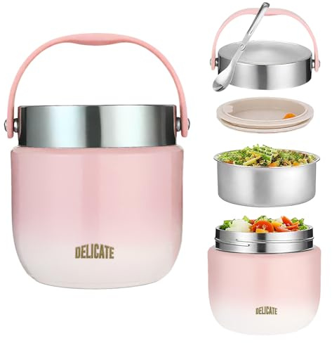 Récipient isotherme pour aliments, 1200 ml, avec couvercle, récipient de maintien au chaud en acier inoxydable avec cuillère, thermos pour aliments anti-fuite, pour soupes, porridge pour bébé (Rose)