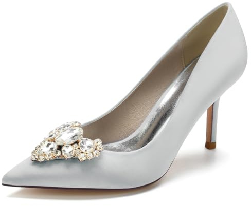 EICOFF Zapatos de Novia de tacón Alto para Mujer, Punta Puntiaguda, Cierre Cerrado, con pedrería, tacón de Aguja, Zapatos de salón, para Vestido, Fiesta,Plata,38 EU