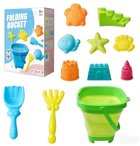 Moxiewell 11 Pezzi Giochi Spiaggia Bambini, Sabbia Giocattoli da Viaggio con Secchiello Pieghevole, Kit da Gioco da Spiaggia per Bambini, Giocattoli da Spiaggia per Bambini, Ragazzi e Ragazze (Verde)