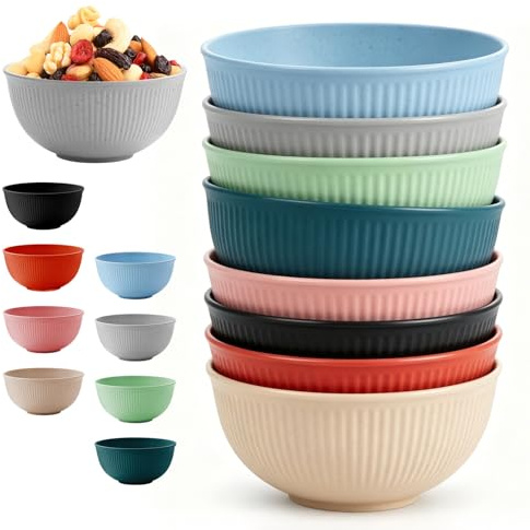 Lot de 8 bols à céréales en plastique incassable avec bords lisses, empilables et peu encombrants, 15 cm, pour micro-ondes et lave-vaisselle, bols à dessert légers pour camping et enfants