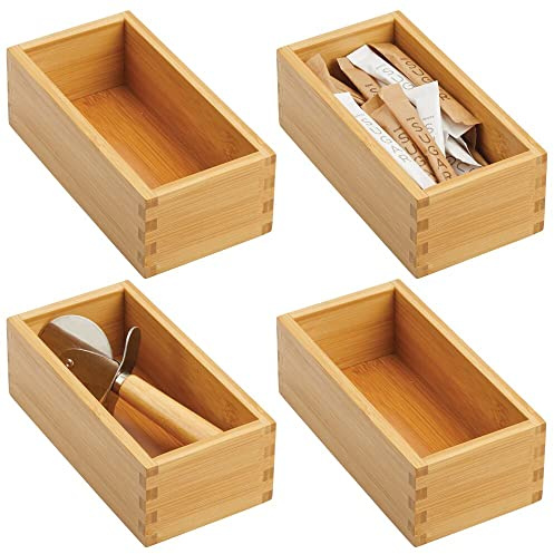 mDesign Bamboo Storage Bin Container, Drawer Organizer Crate Boxes for Kitchen Pantry Cabinet, Shelf, Island or Countertop, Holds Snacks, Spices, or Drinks, Echo Collection, 4 Pack, Natural/Tan