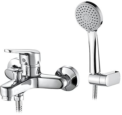 Ibergrif Roma - Einhand Badewannenarmatur Set, Wannenbatterie mit Duschkopf, Duschkopfhalter, und Brauseschlauch, Chrom, Silber