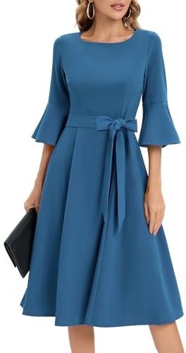HomRain Kyrkklänningar för kvinnor 2025, bröllopsgäst, cocktail, tebjudning, klockad ärm, vintagestil, afton- och examensklänning, gråblå, 3XL