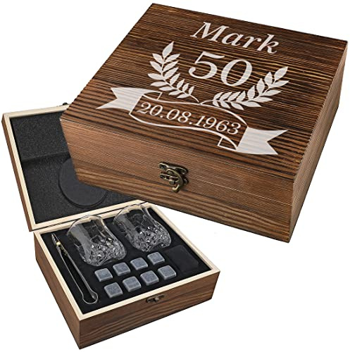 Set di 7 bicchieri da whisky con incisione – motivo: corona di spighette – 1 scatola di legno personalizzata – 2 bicchieri da whisky, 9 pietre refrigeranti
