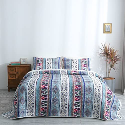 Lunoroey Bedspread Double Size Quilted Bedspread Blue Bohemian Coverlet Sets Light Blue Floral Striped Patchwork Quilt Bed Spread Bed Throws With 2 Pillowcases for All Seasons