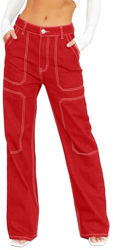 Sidefeel Wide Leg Jeans for Women Mid Rise Cargo Jeans Boyfriend Y2K Denim Pants Size 16 Red