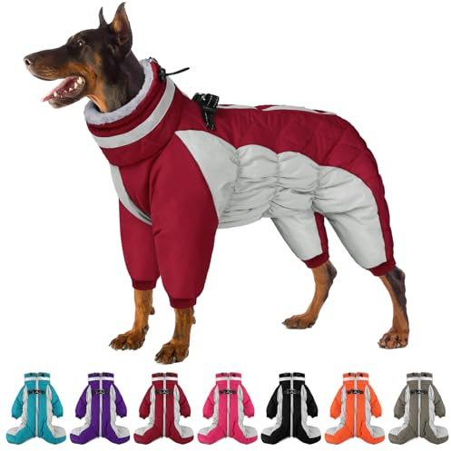 SUNFURA Full Body Dog Coat - Warm Fleece Jacket for Medium Dogs, Turtleneck Winter Coats with Harness, Reflective Dog Snowsuit Windproof Puffer Jackets with Legs for Boston Terrier, Burgundy M