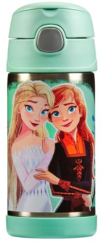 Thermos - Frozen Water Bottle (355ml) - BPA Free, Stainless Steel, Spill Proof, Pop-Up Straw, Disney Kids Flask with Personalised Name Labels & Carry Handle for 12-Hour Cold Drinks