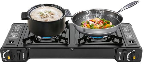 Donened Hornillo de gas de 2 fuegos, 64 x 27,8 x 8 cm, hornillo de camping con maletín de transporte LPG para interior y exterior (campingkocher)