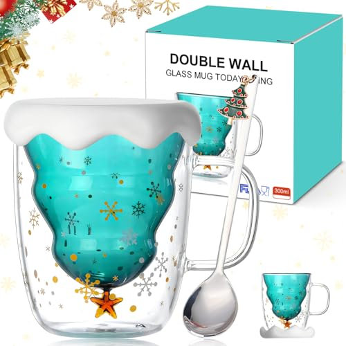 WEILAOK Christmas Cups, Christmas Glasses Drinking,Tree Mug, Glasses Drinking, Glass Tea Cups, Double Walled Glass Mugs, Cups with Teaspoon for Coffee Milk Juice,Etc