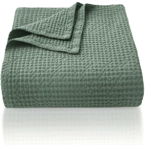CHUFFED Couverture 100 % coton - 130 x 150 cm - Douce et respirante - Motif gaufré - Couverture légère - Douce et douillette - Pour canapé - Vert