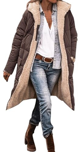 Générique Femme Parka réversible Hiver à Capuche Long Polaire Manches Longues Manteau de Laine Casual Parka Epaisse Chaude Slim Fit Veste en Coton Couleur Unie Doudoune Chaude (Coffee-A, L)