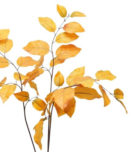 Hojas artificiales de otoño, hojas de haya roja de 76 cm con 15 hojas por tallo, 3 hojas rojas, perfectas para decoración de otoño, adornos de corona y ramos (amarillo)