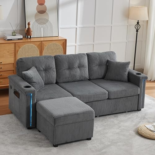 MAXYOYO Corner Sofa with Storage, Corduroy L-shaped Sofa Couch with LED & Cupholders & USB Charging Ports, 3-Seater Sofa with Convertable Ottoman for Living Room