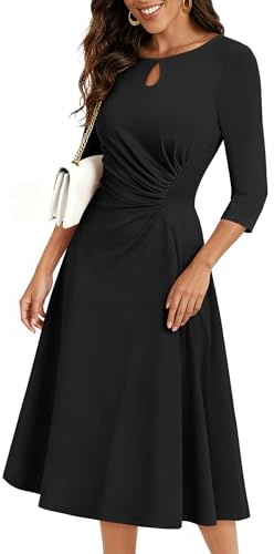Aupuls Long Sleeve Church Dresses for Women Midi Cocktail Dresses Formal Fit and Flare Vestido Negro AUPG032 Black S