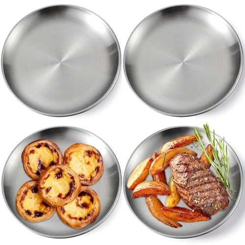GOMETY 4 stycken runda rätter i rostfritt stål 23 cm, rostfritt stål tallrikar, matta rund serveringsplatta, silver fat pizzabräd camping metalltallrik för camping picknick vandring middag snacks