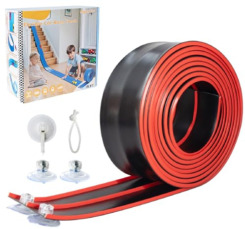 Flex Track 4.5m Starter Set, Flexible Race Car Ramp Track for Ages 3 & Up with Suction Cups Compatible with Diecast 1/64th Cars (Black & Red)