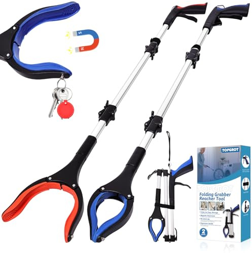 TOPGROT 43 Grabber Reacher Tool for Seniors 2 Pack, Foldable Reacher Grabbers Pickup Stick with Anti-Slip 90°Rotating Jaw, 4 Wide Extended Claw with Magnet for Disabled, After Surgery Recovery