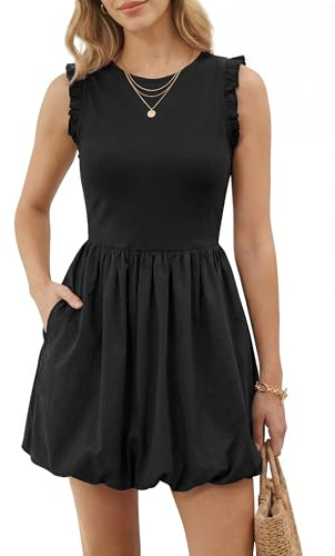 Newshows Summer Dresses for Women UK Sleeveless Bubble Mini Dress Casual Ruffle Sundress with Pockets
