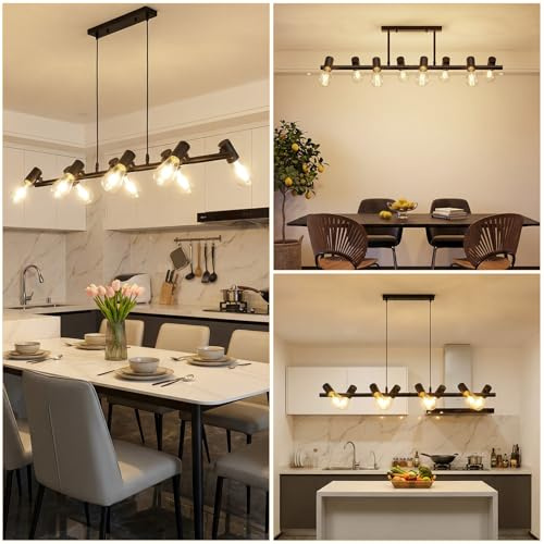 VivaLet Lampadario Soggiorno Moderni Nero, E27 Faretti Soffitto a 8-Luci, Testa Orientabile, Lampadario Vintage a Sospensione da Sala da Pranzo Regolabile in Altezza, Plafoniera Industrial per Cucina